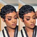 Women's Human Hair Pixie Cut Wig full machine made - Short Layered Curly with Bangs, Natural Black 150% Density Rose Net Cap