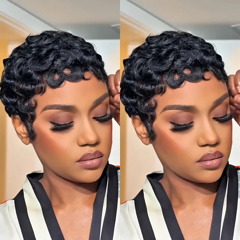 Women's Human Hair Pixie Cut Wig full machine made - Short Layered Curly with Bangs, Natural Black 150% Density Rose Net Cap