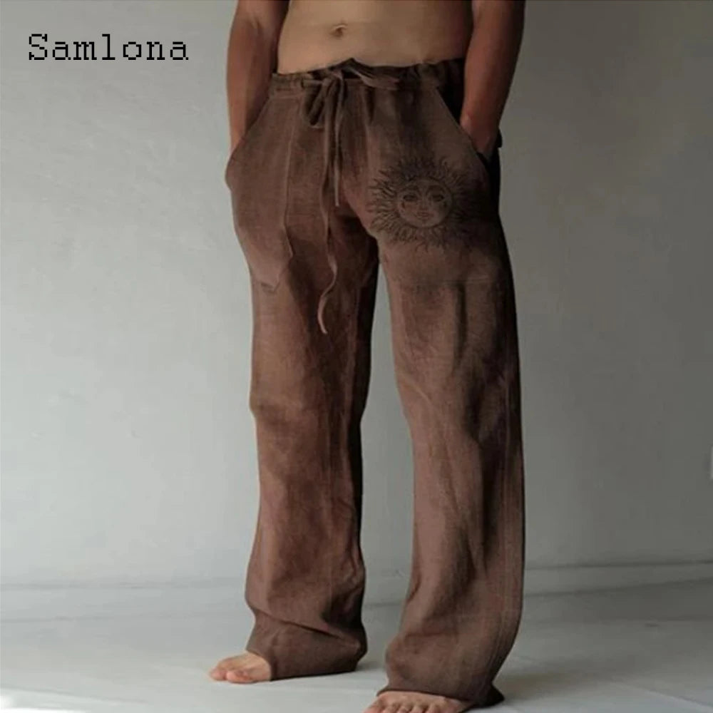 Samlona 2025 Men's Pocket Design Linen Pants Drawstring Loose Trouser Plus Size 3xl Mens Fashion Birds Feather Print Sweatpants