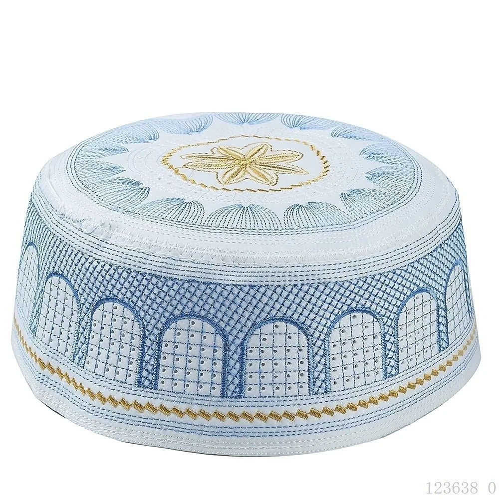 New Traditional Muslim Hat Embroidery Design Round Shape Prayer Hat Saudi Arabian Style Cotton Islamic Cap Prayer Use