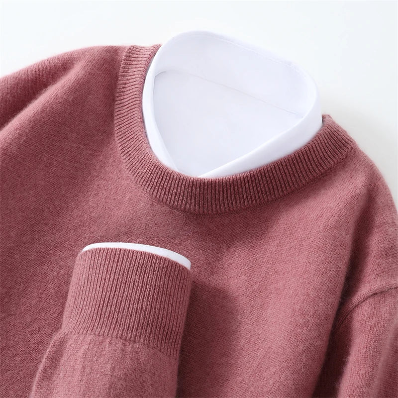 Autumn/Winter Men's 100% Pure Cashmere Pullover Business Casual Solid Knitted Sweater Loose Round Neck Tops Thick Warm Jumper