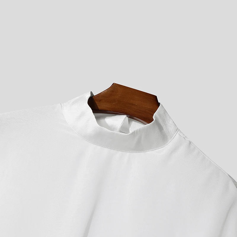 INCERUN Men Irregular T Shirt Solid Color Chiffon Turtleneck Ruffle Male Tee Tops Streetwear Loose Fashion Casual Men Clothing
