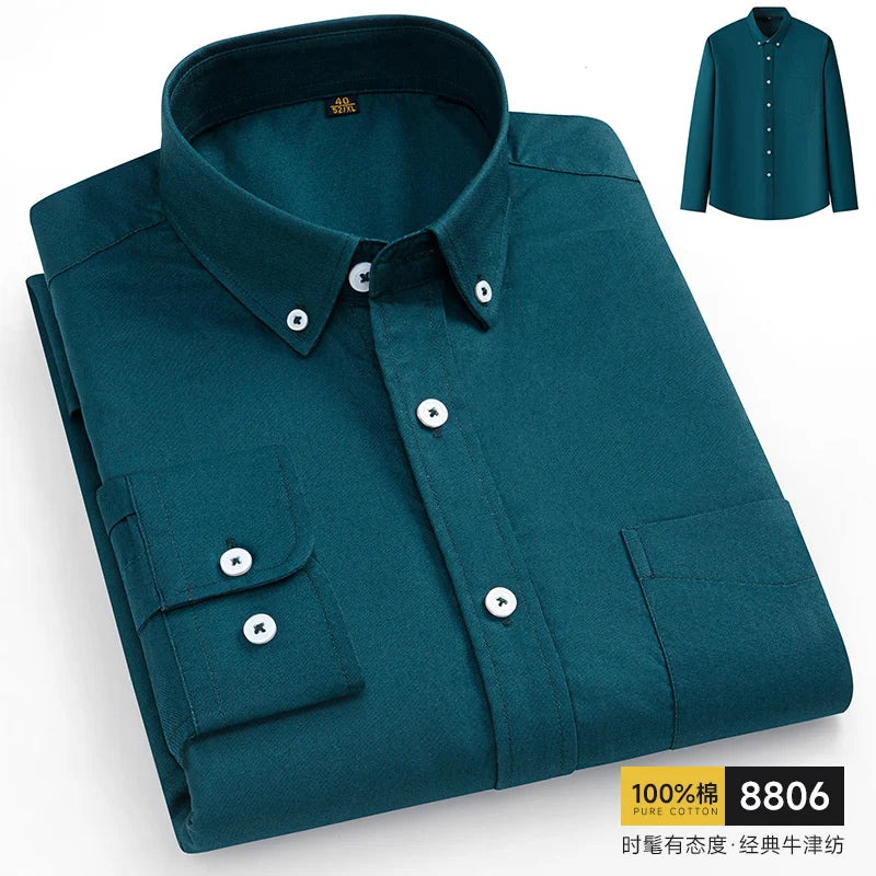 100% Pure Cotton Men Shirts Long Sleeve Dress Shirts Male Slim Social Business Blouse Solid Color Oxford Shirt 8XL 10XL 11XL