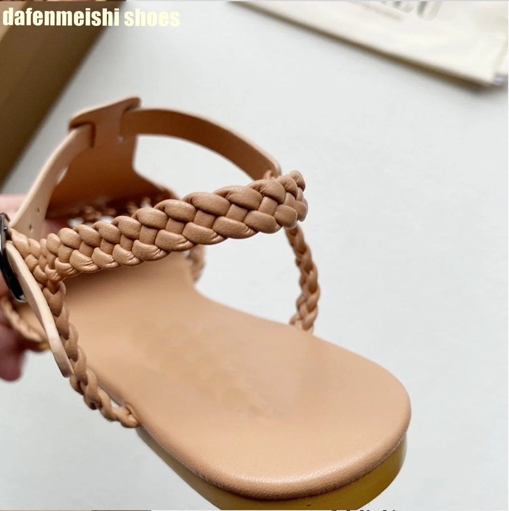 Flat Genuine Leather Woven Sandals Women's Hemp Rope Square Toe Summer Roman Shoes Singback Solid Color Fashion Shoes