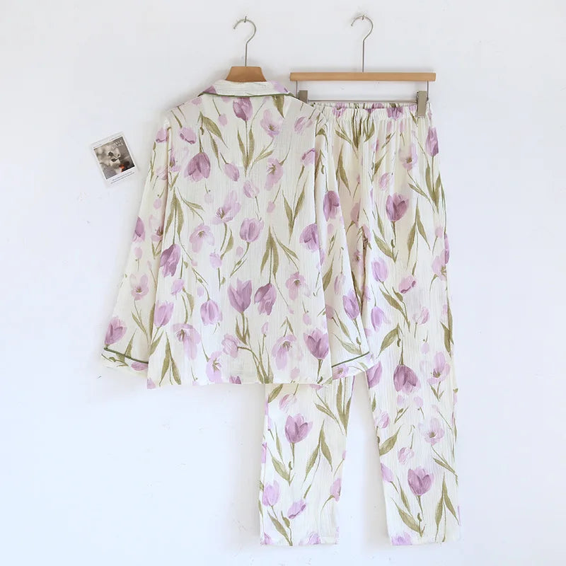 2026 Japanese New Spring and Autumn Women's Pajama Set 100% Cotton Gauze Long Sleeve Casual Home Clothes Two Piece Set