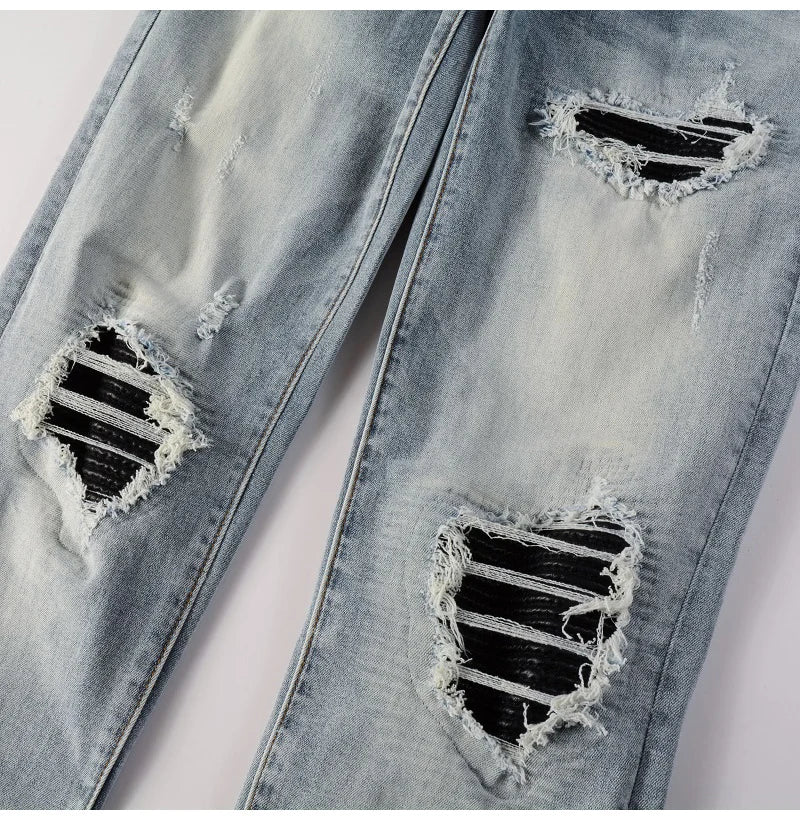 Men Leather Patches Denim Jeans Streetwear Holes Ripped High Stretch Pants Light Blue Skinny Tapered Trousers