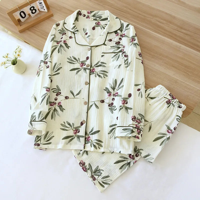 2024 Autumn Cotton Crepe Women's Pajamas Casual Soft Loose Sleepwear Long Sleeve Pants Pajama Sets Night Clothes 2-piece Set