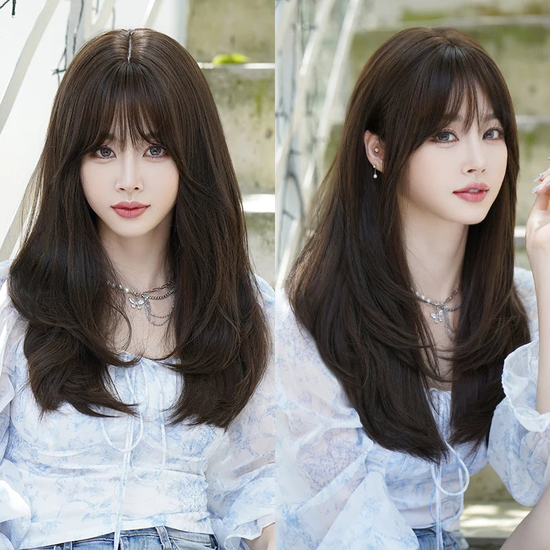 7JHH WIGS Body Wavy Wig Long Loose Curly Brown Wig for Women Daily Use High Density Synthetic Layered Hair Wigs with Bangs