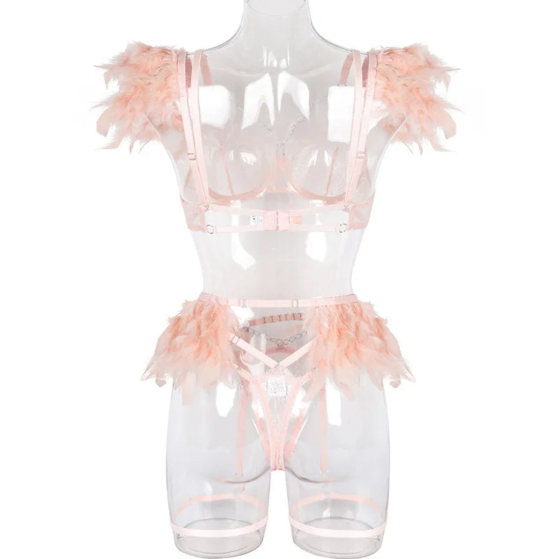 Feathers Transparent Bra Lingerie Set Sexy Underwear Women Body Chain Lace Exotic Set Luxury Intimate See Through Bra and Panty