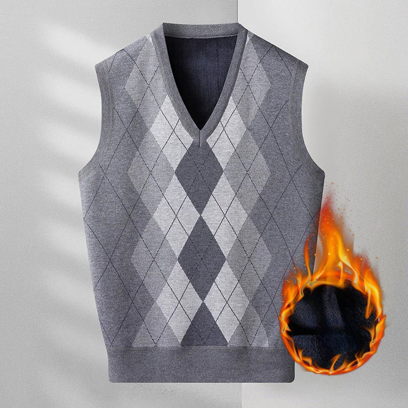 Fashion Vintage Winter Argyle Elastic Sweaters Vest Plus Fleece Thermal V-neck Sleeveless Loose Knitted Comfortable Pullover Top