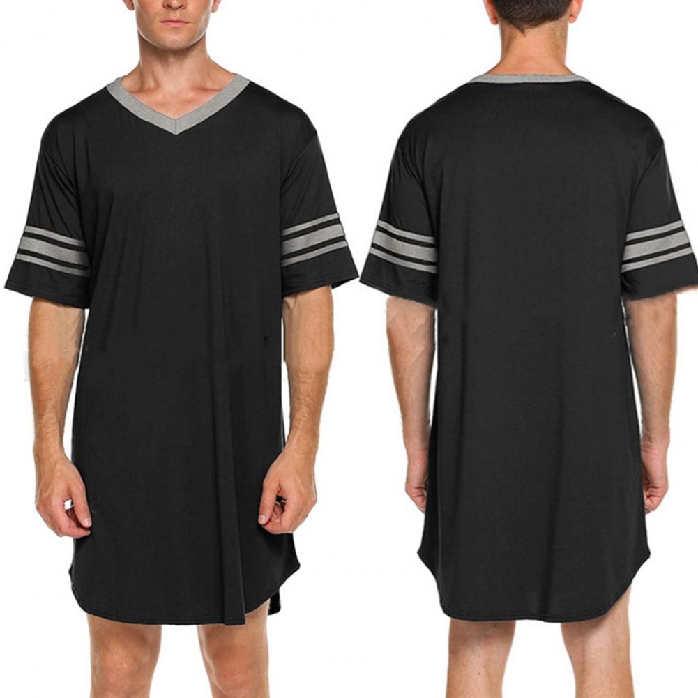 Men Summer Top Color Matching Men Loungewear Long Style Short Sleeve V Neck Home Clothes Striped Print Sleeping Clothes For Men