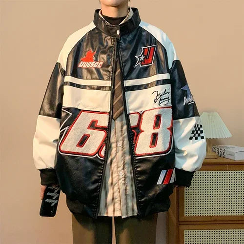 Gmiixder American Hip-hop Racing Coat Motorcycle Leather Jacket Men's Flocked Embroidery Loose Casual Windproof Punk Vibe Jacket
