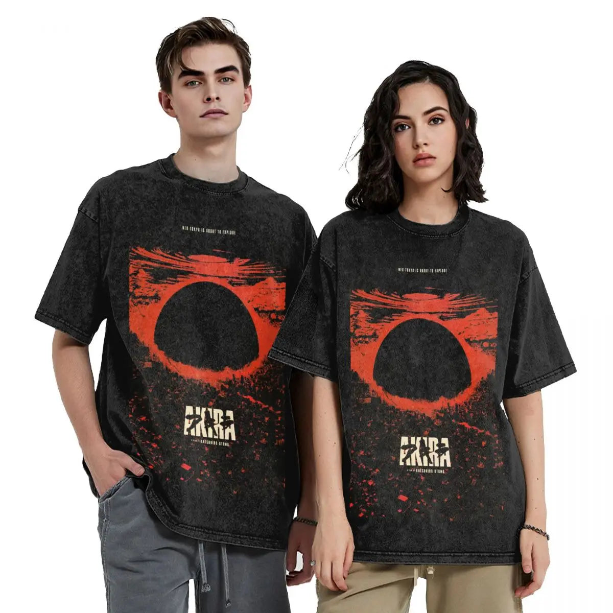 Akira Japanese Anime Washed T Shirt Hip Hop Vintage Washed T-Shirt Manga Graphic Men Women Cotton Clothing Short Sleeve Tees