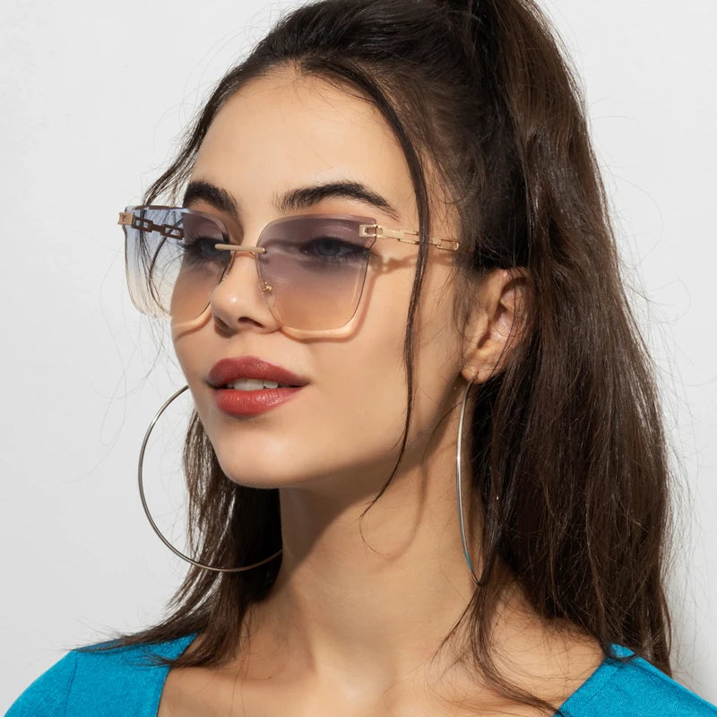 New Sunglasses Women Rimless Cat Eye Eyewear Gradient Brown Cutting Lens Sun Glasses For Female Alloy Eyeglasses Brand Designer