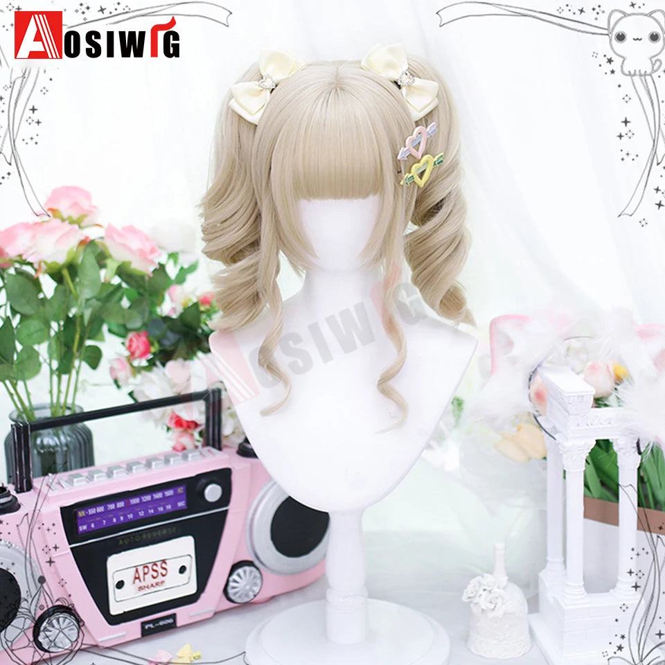 AOSI Synthetic Long Curly Wig Double Ponytail Cute Lolita Women Wigs Halloween Cosplay Style Blonde Brown Party Wig