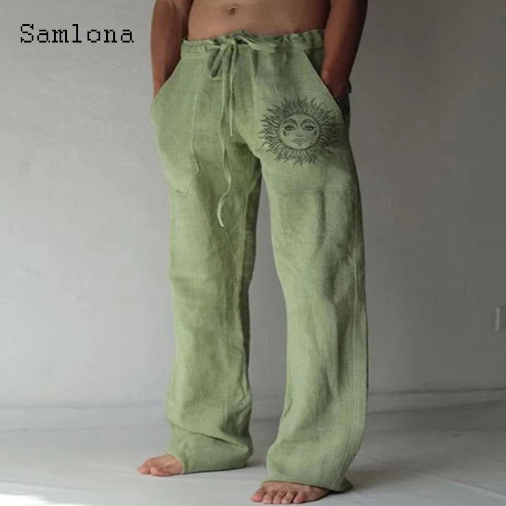 Samlona 2025 Men's Pocket Design Linen Pants Drawstring Loose Trouser Plus Size 3xl Mens Fashion Birds Feather Print Sweatpants