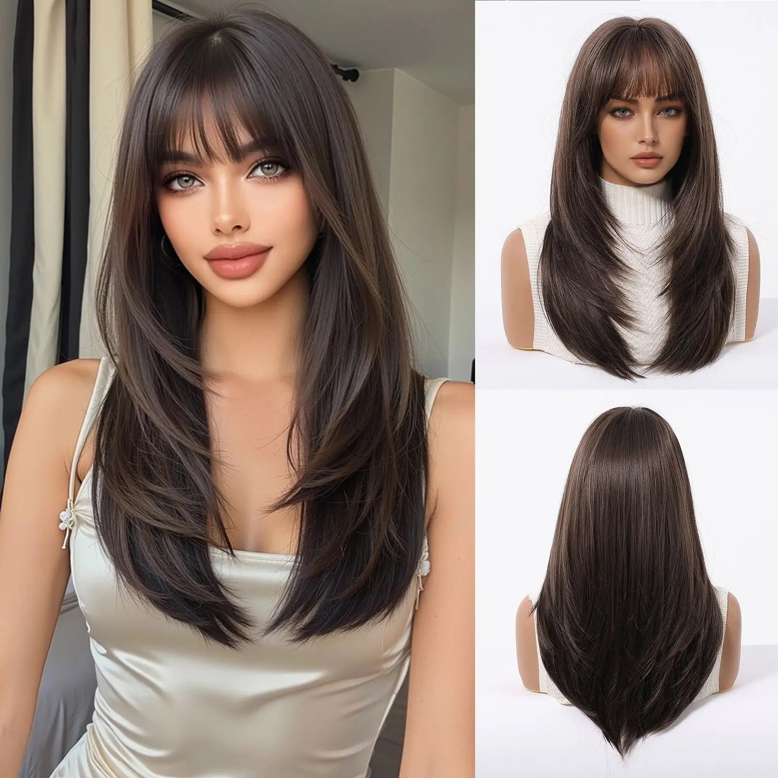 EASIHAIR Brown Straight Layered Wigs for Women Long Natural Hair Synthetic Wigs With Bangs Daily Use Party Heat Resistant Wigs