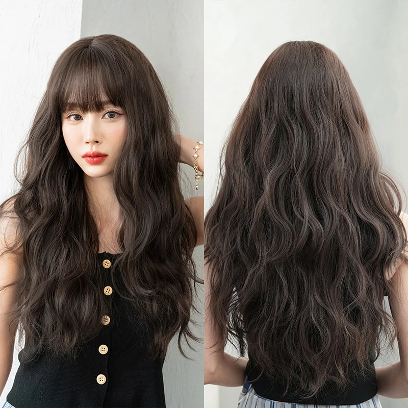 7JHH WIGS Body Wavy Wig Long Loose Curly Brown Wig for Women Daily Use High Density Synthetic Layered Hair Wigs with Bangs