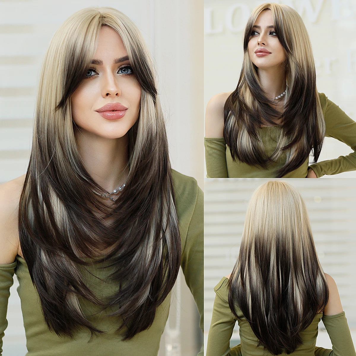 NAMM Long Wavy Ombre Black To Red Wig for Women Daily Cosplay Party Synthetic Lavender Hair Wig with Fluffy Bangs Heat Resistant
