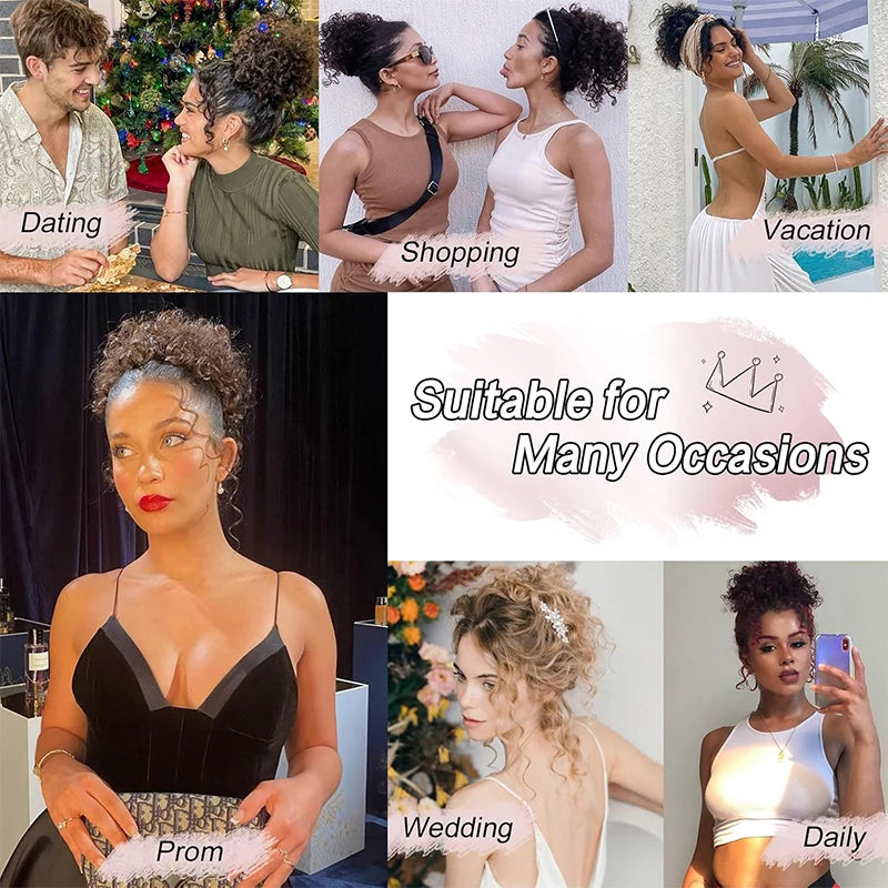 Brown Curly Hair Bun Curly Wave Drawstring Ponytail Buns Extensions for Women Heat Resistant Synthetic Updo Chignon False Hair
