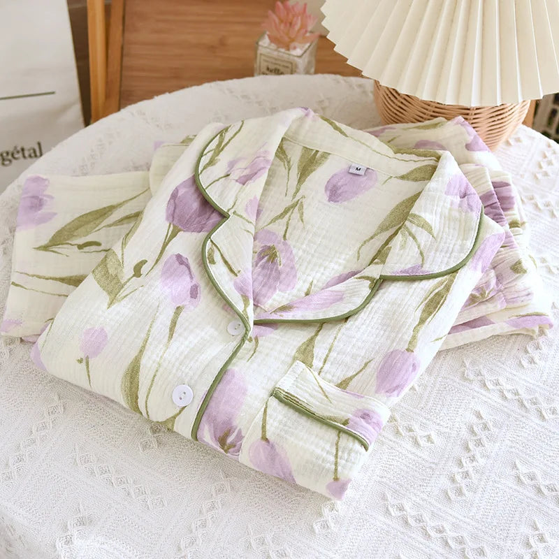 2026 Japanese New Spring and Autumn Women's Pajama Set 100% Cotton Gauze Long Sleeve Casual Home Clothes Two Piece Set