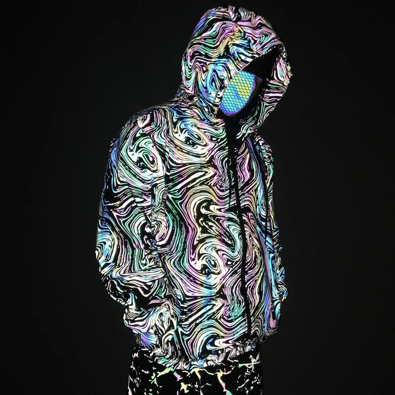 Drop shipping Holographic Reflective Jackets Men Techwear Night Walk Dance Hip Hop Breathable Hooded Coat Jaqueta Masculina