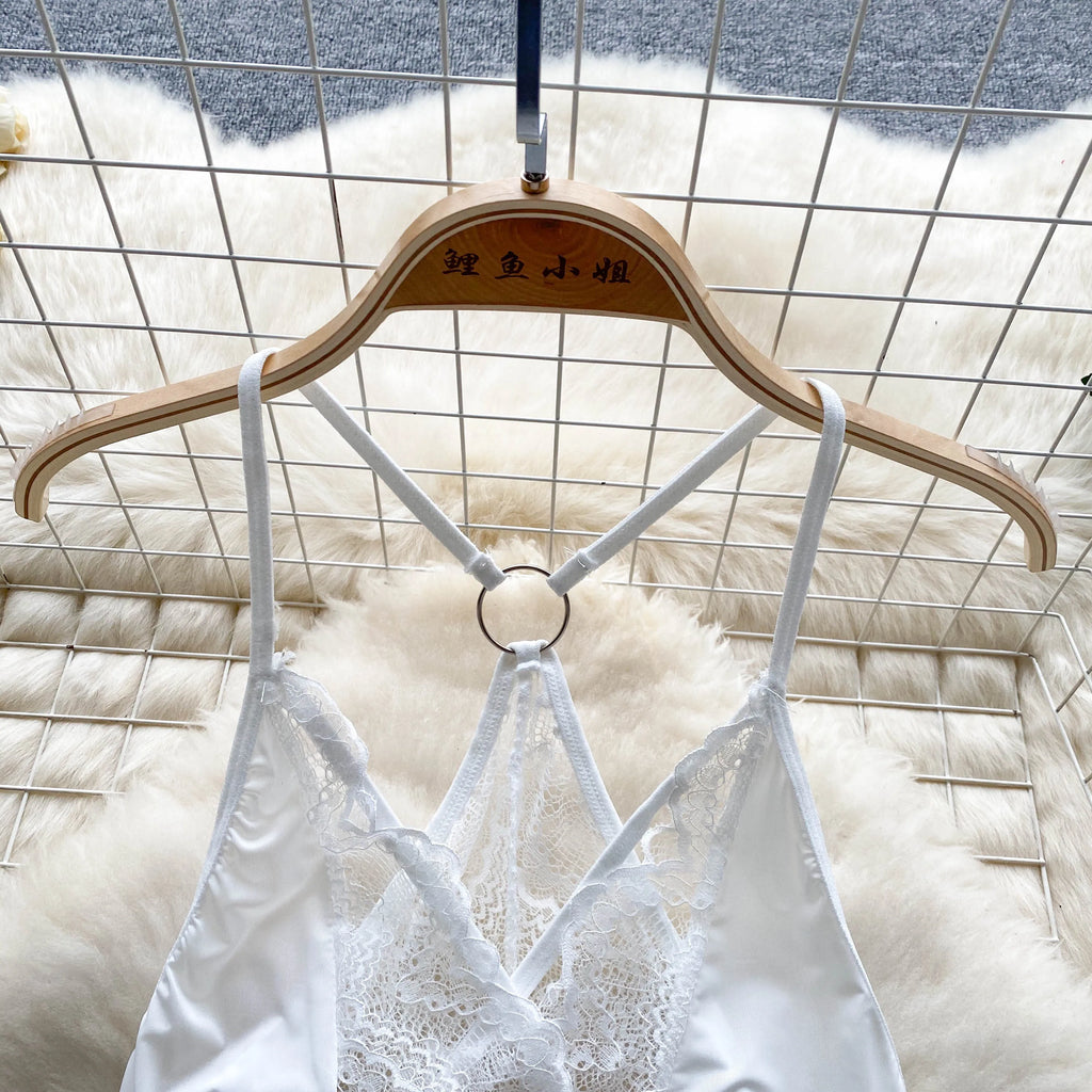 SINGREINY Summer France Sensual Night Dress Erotic Hollow Out Camis Lingerie Nightwear Women Split Slim Sheer Lace Pajamas Dress