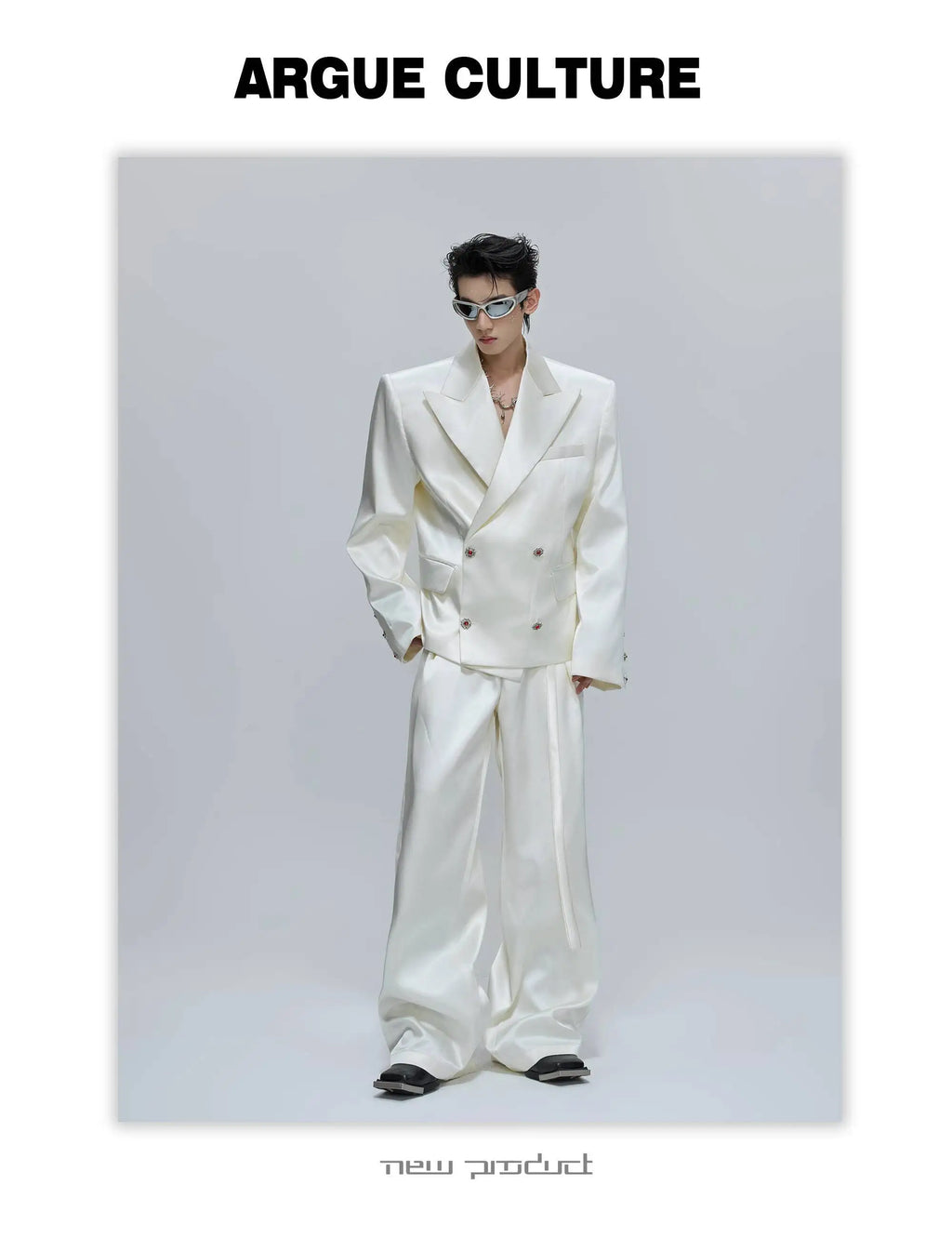 FEWQ Niche Design Men's Suit Sets Lapel Double Breatsed Silhouette Glossy Blazers Wide Leg Belt Chc Button Male Trousers 24K6098
