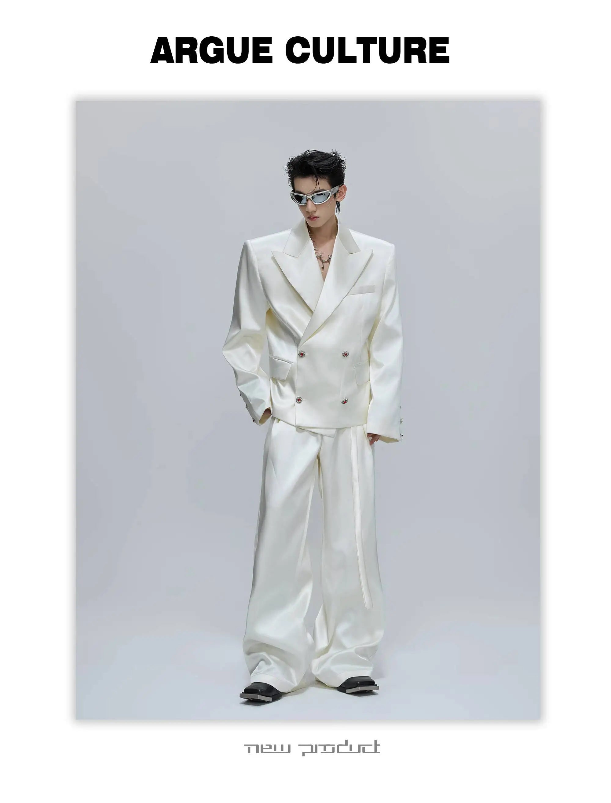 FEWQ Niche Design Men's Suit Sets Lapel Double Breatsed Silhouette Glossy Blazers Wide Leg Belt Chc Button Male Trousers 24K6098