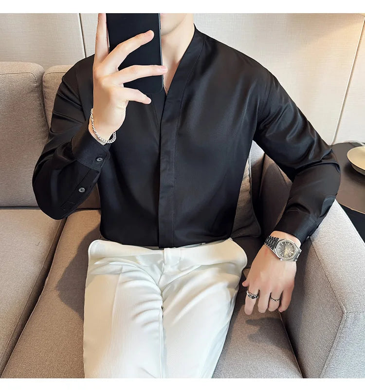 High Quality Collarless Shirts Men Fashion Slim Fit Long Sleeve Casual Shirts Business Office Social Formal Shirt Men Clothig