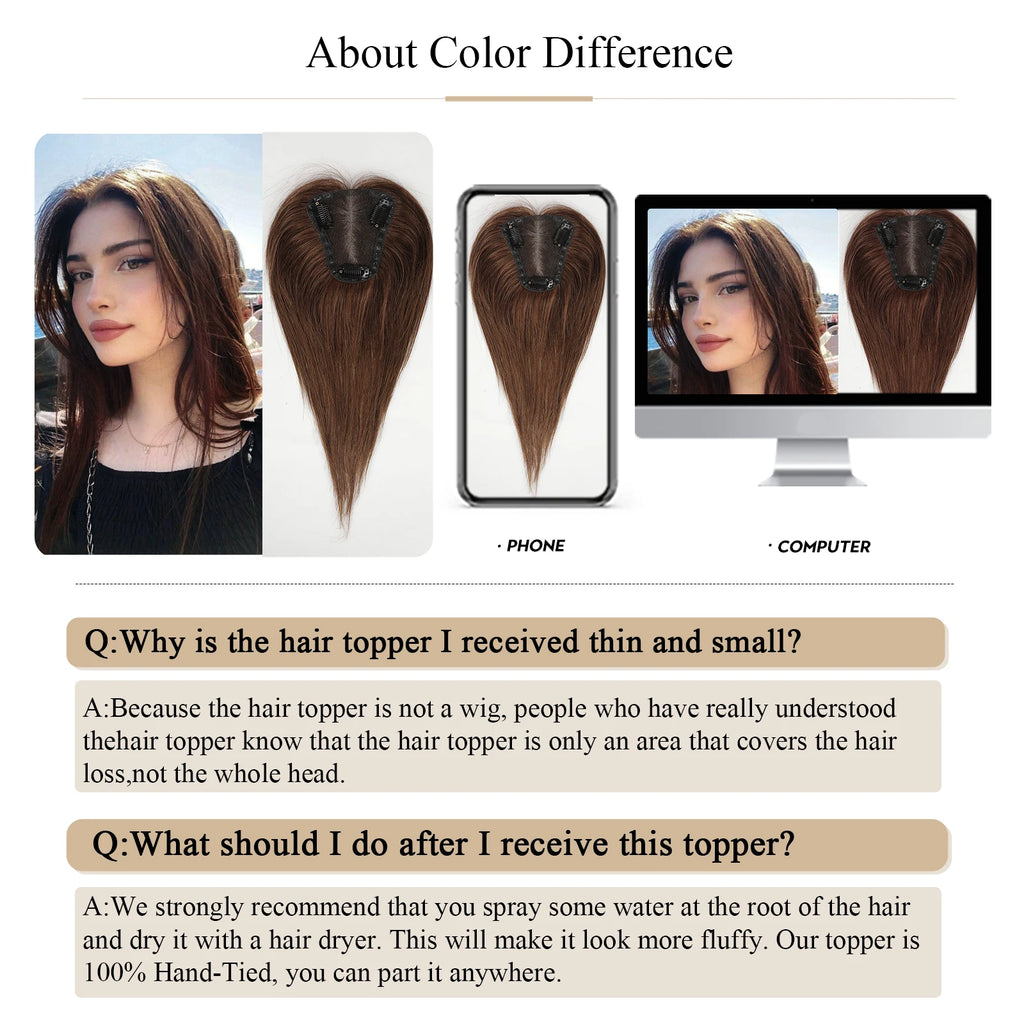 Chocolate Brown Remy Human Hair Toppers 12inches Straight Topper Lace Base Clips in Hair Human Hair Pieces Extensions for Women