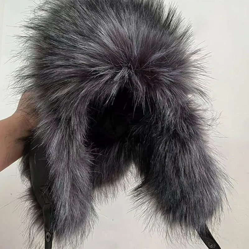 Natural Raccoon Fur Hat Women Black Fox Fur Russian Ushanka Hats Winter Warm Ears Bomber Cap