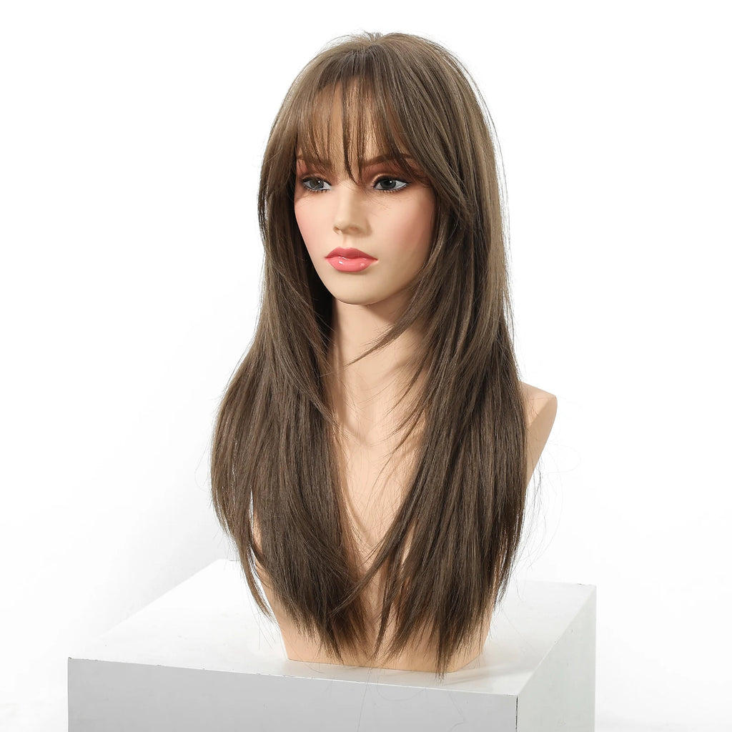 EASIHAIR Brown Straight Layered Wigs for Women Long Natural Hair Synthetic Wigs With Bangs Daily Use Party Heat Resistant Wigs