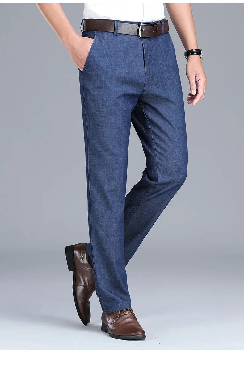 2024 New Men's Thin Lyocell Fabric Loose Jeans Light Blue Business Fashion Stretch Denim Trousers Male Clothing Brand Pants