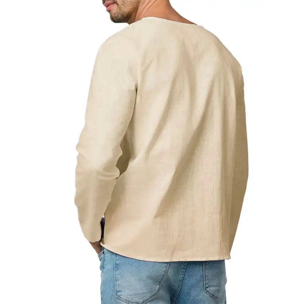 Men's Cotton Linen Long Sleeve T-Shirt Breathable V-neck Casual Slim Fit Solid Color Lightweight Male Casual Cozy Tees