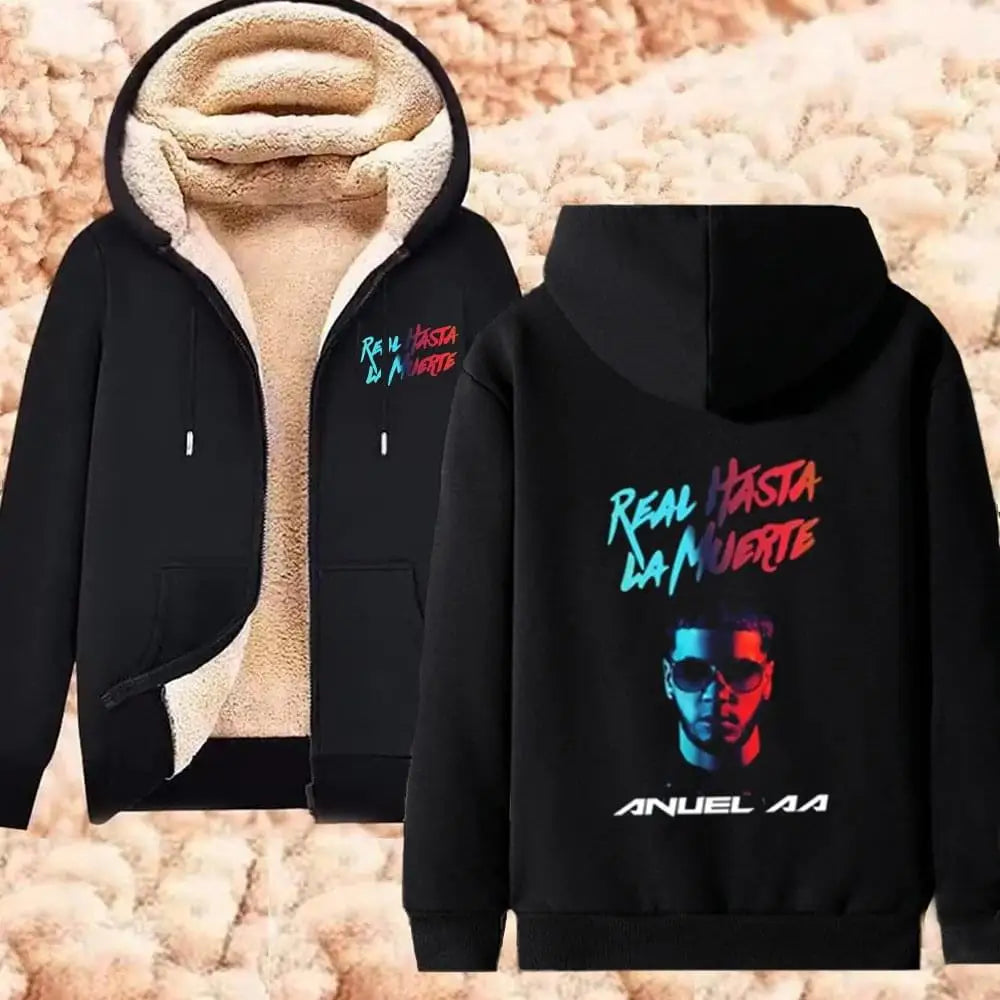 Anuel AA Printed Hoodies Real Hasta La Muerte Casual Zipper Jackets Thicken Lambswool Men Women Clothing Oversized Y2K Clothes