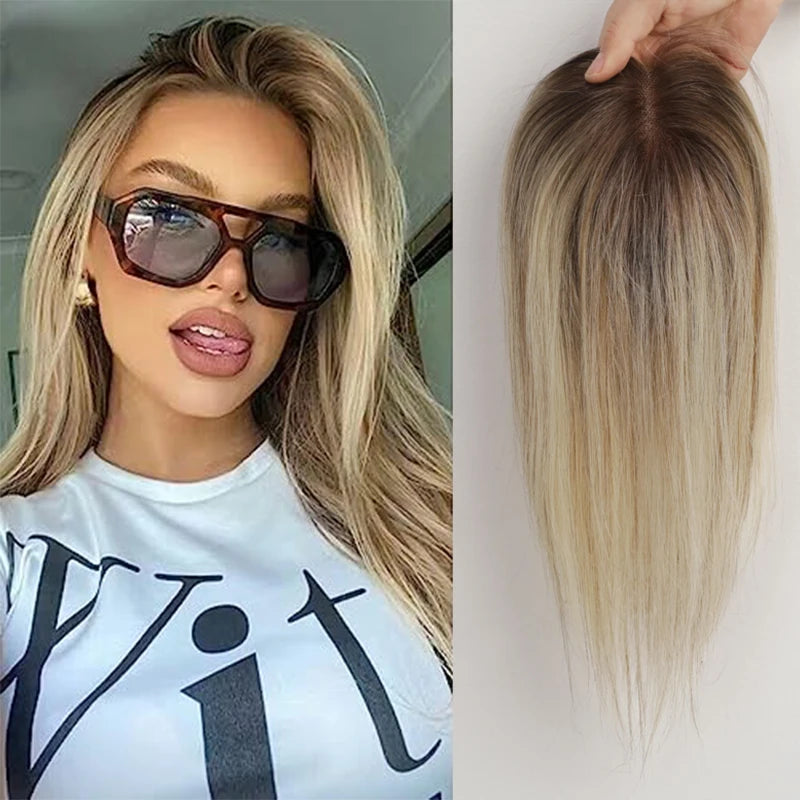 100% Remy Human Hair Toppers Ombre Light Brown Blonde Middle Part Human Hair Pieces for Women with Thinning Hair Clip in Toppers