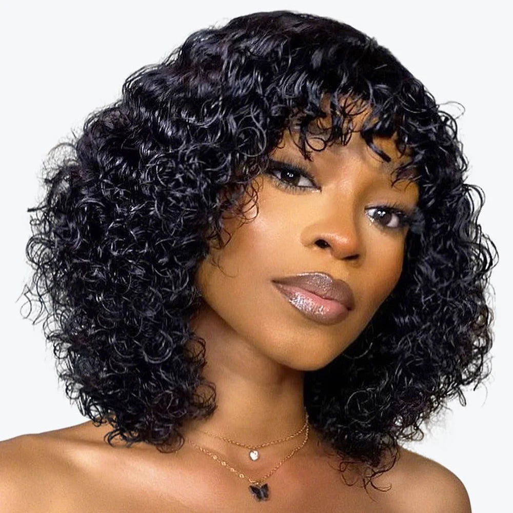 Curly Bob Wig With Bangs Short Bob Curly Wig for Women Natural Color Brazilian Human Hair Deep Wave Bob Wig With Bangs 16 Inch