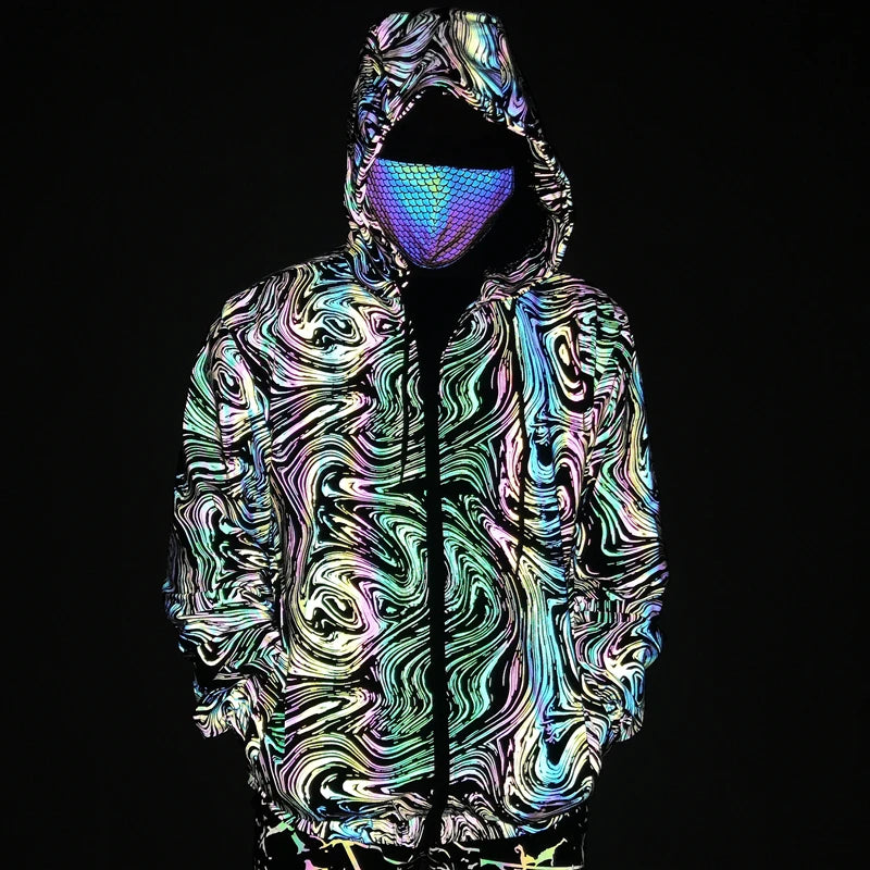 Drop shipping Holographic Reflective Jackets Men Techwear Night Walk Dance Hip Hop Breathable Hooded Coat Jaqueta Masculina