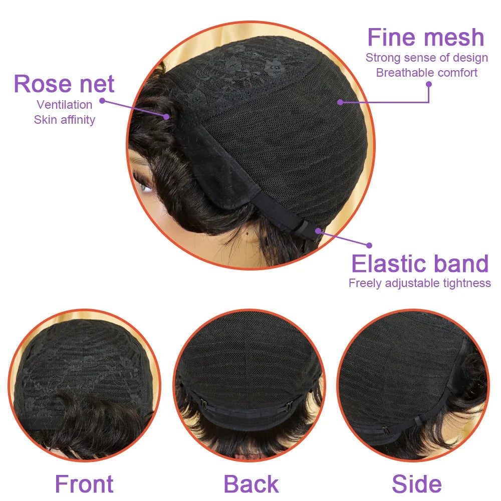 Short Pixie Cut Human Hair Headband Wig Curly Waves For Women Natural Look Wig Full Machine Made Wig