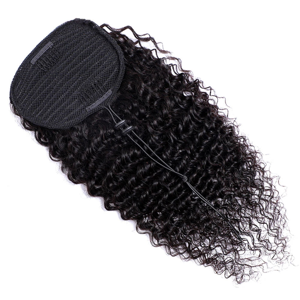 Deep Wave Drawstring Ponytail Hair Extensions 100g 8-28inches Pony tail Natural Black Color 100% Brazilian Remy Human Hair #1B