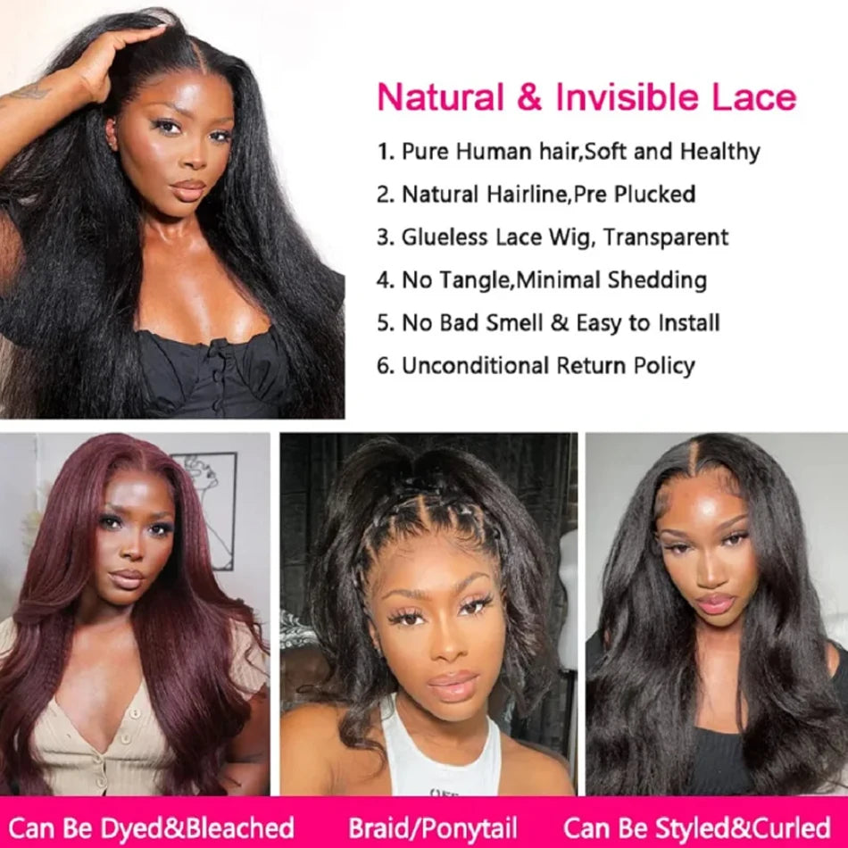 34inch Yaki Kinky Straight 13X6 Wig Pre-Plucked HD Transparent Lace Frontal 100% Human Hair for Women on Sale Kinky Straight