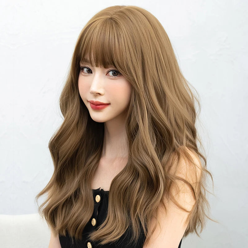 7JHH WIGS Body Wavy Wig Long Loose Curly Brown Wig for Women Daily Use High Density Synthetic Layered Hair Wigs with Bangs