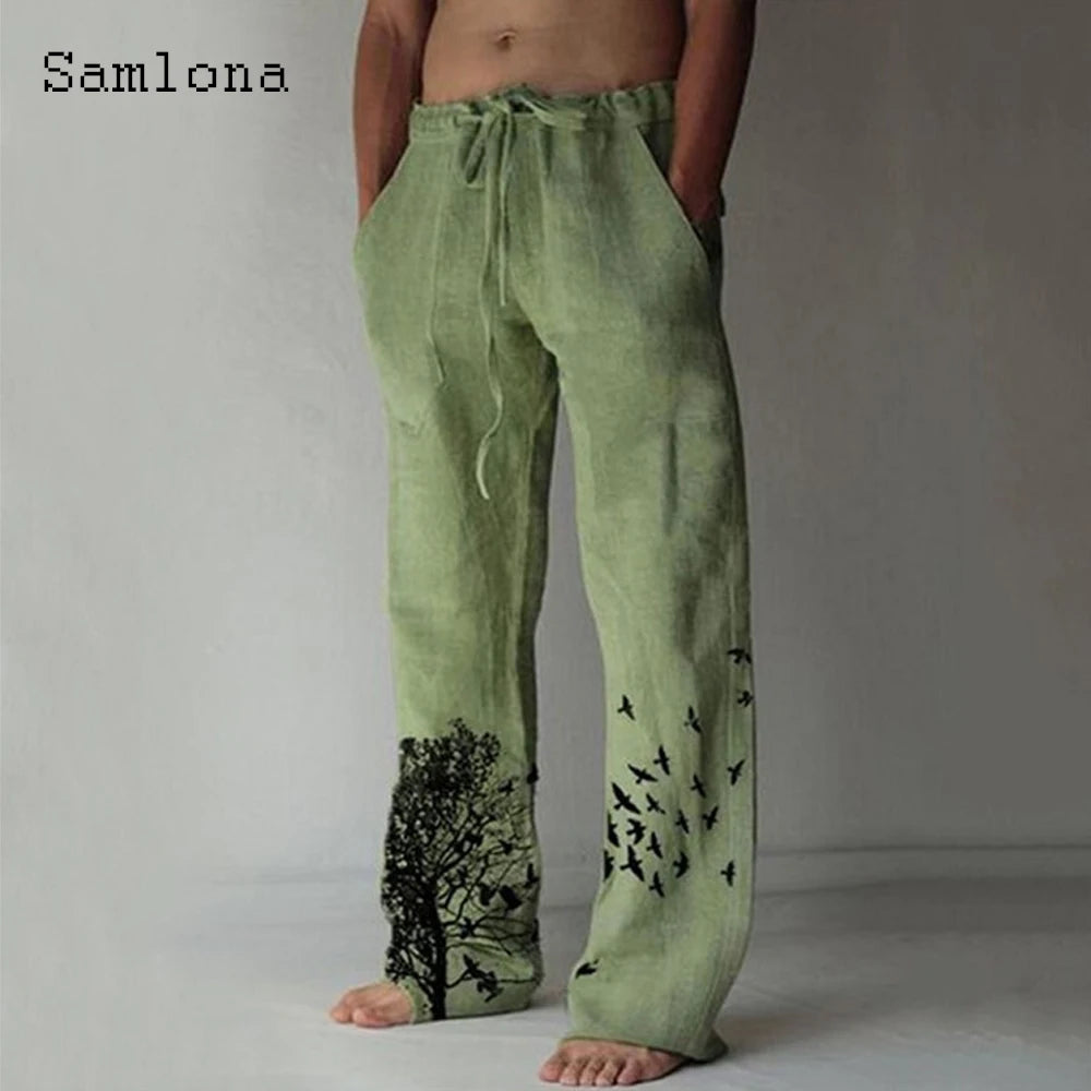 Samlona 2025 Men's Pocket Design Linen Pants Drawstring Loose Trouser Plus Size 3xl Mens Fashion Birds Feather Print Sweatpants
