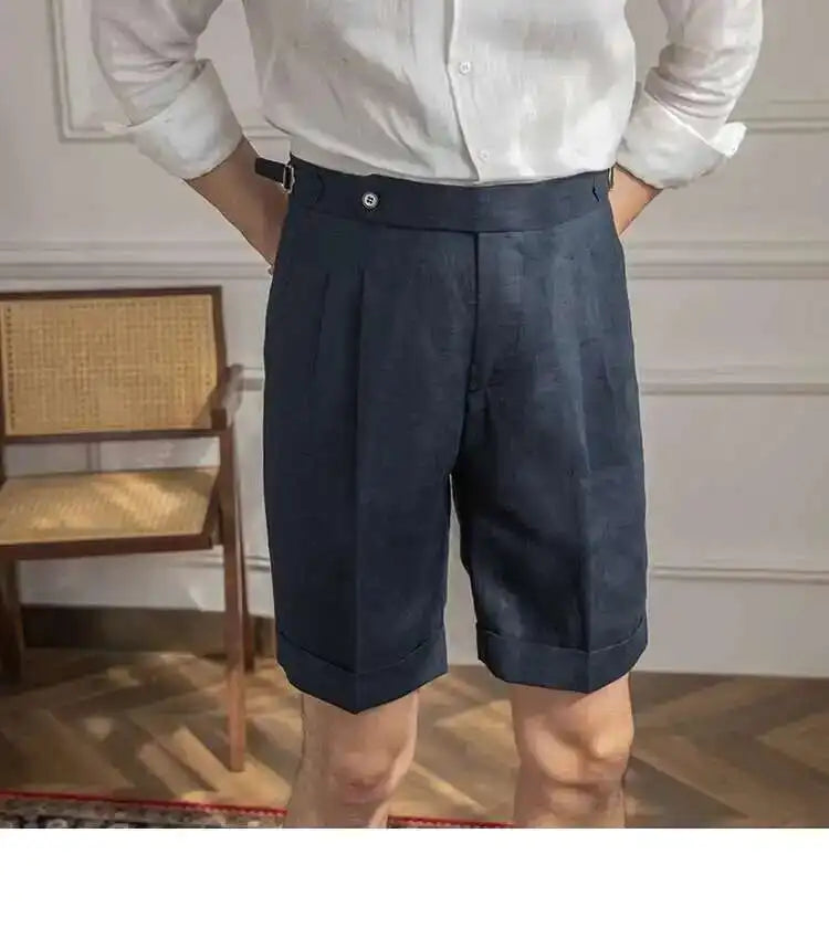 100% Linen Summer Straight Naples Shorts Men Solid Color Business Dress Pants Office Social Casual Slim Fit Shorts