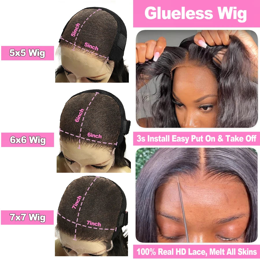 Wow Angel Glueless Wigs 7x7/6x6/5x5 HD Lace Closure Wigs Silk Straight Melt Skins Deep Part Ready to Go Human Hair Wig For Woman