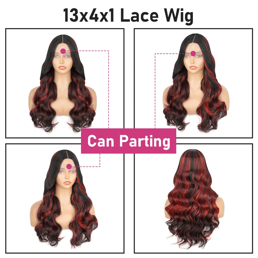 Black With Red Highlight Wig Synthetic Lace Front Wig 13X4 Pre plucked Hairline With BabyHairWomen's Wig with Density Lace Front