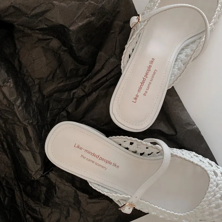 NEW Summer Women Mules Fabric Shoes for Women Pointed Toe Chunky Heel Shoes Cover Toe Slingback Shoes Soft Hollow Modern Sandals