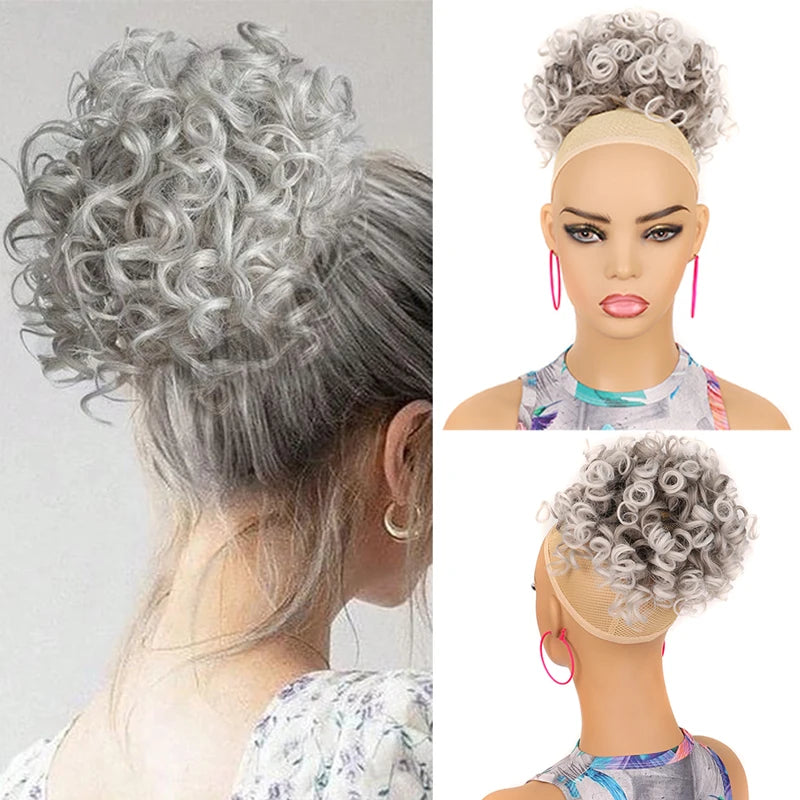 Brown Curly Hair Bun Curly Wave Drawstring Ponytail Buns Extensions for Women Heat Resistant Synthetic Updo Chignon False Hair