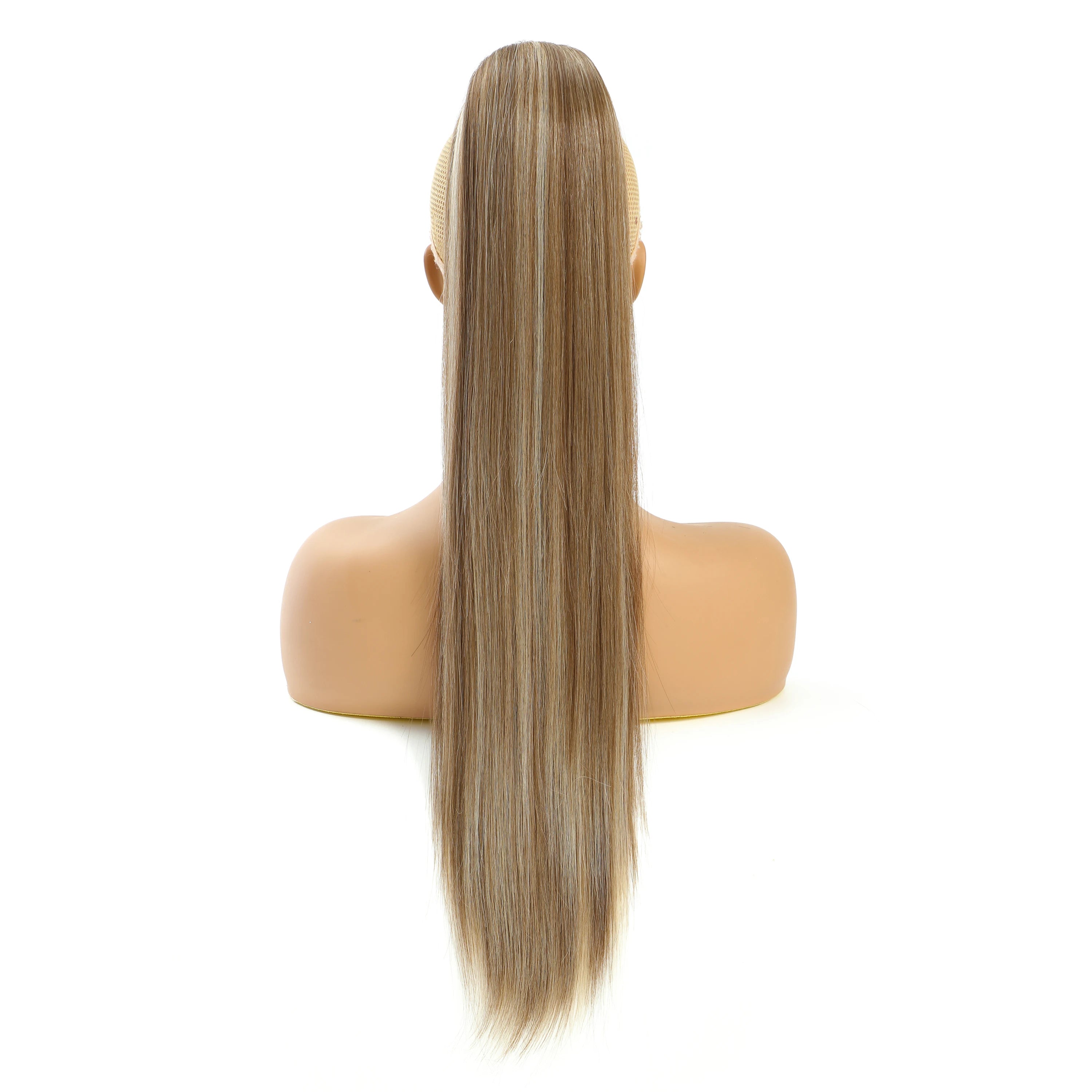 28Inch Straight Ponytail Blond Highlight 12/613 Ombre Brown Hair Extension With Clip 180Gram High Temperature Bio Synthetic Hair
